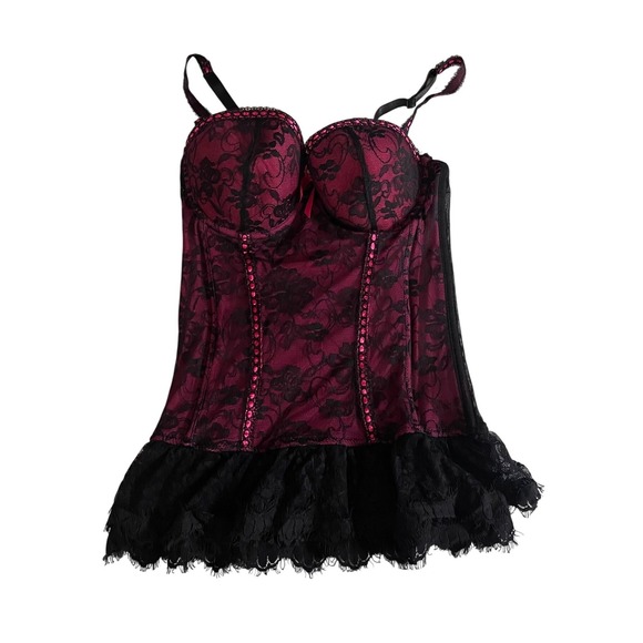 Baci Other - Baci Pink Black Floral Lace Corset Top Underwire Ruffle Hem BLW6016-PNK Womens L